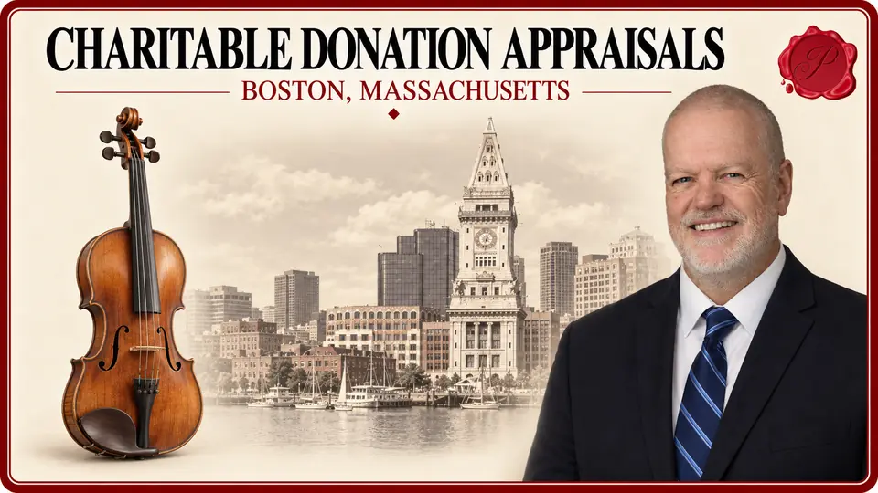 Charitable donation appraisal in Boston, Massachusetts, with violin, Custom House Tower and a Prestige appraiser.