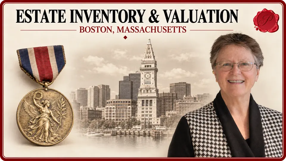Estate inventory and valuation in Boston, Massachusetts, with medal, Custom House Tower and a Prestige appraiser.