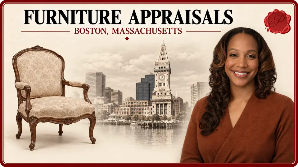 Furniture appraisal in Boston, Massachusetts, with chair, Custom House Tower and a Prestige appraiser.