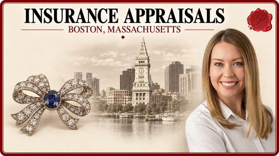 Insurance appraisal in Boston, Massachusetts, with brooch, Custom House Tower and a Prestige appraiser.