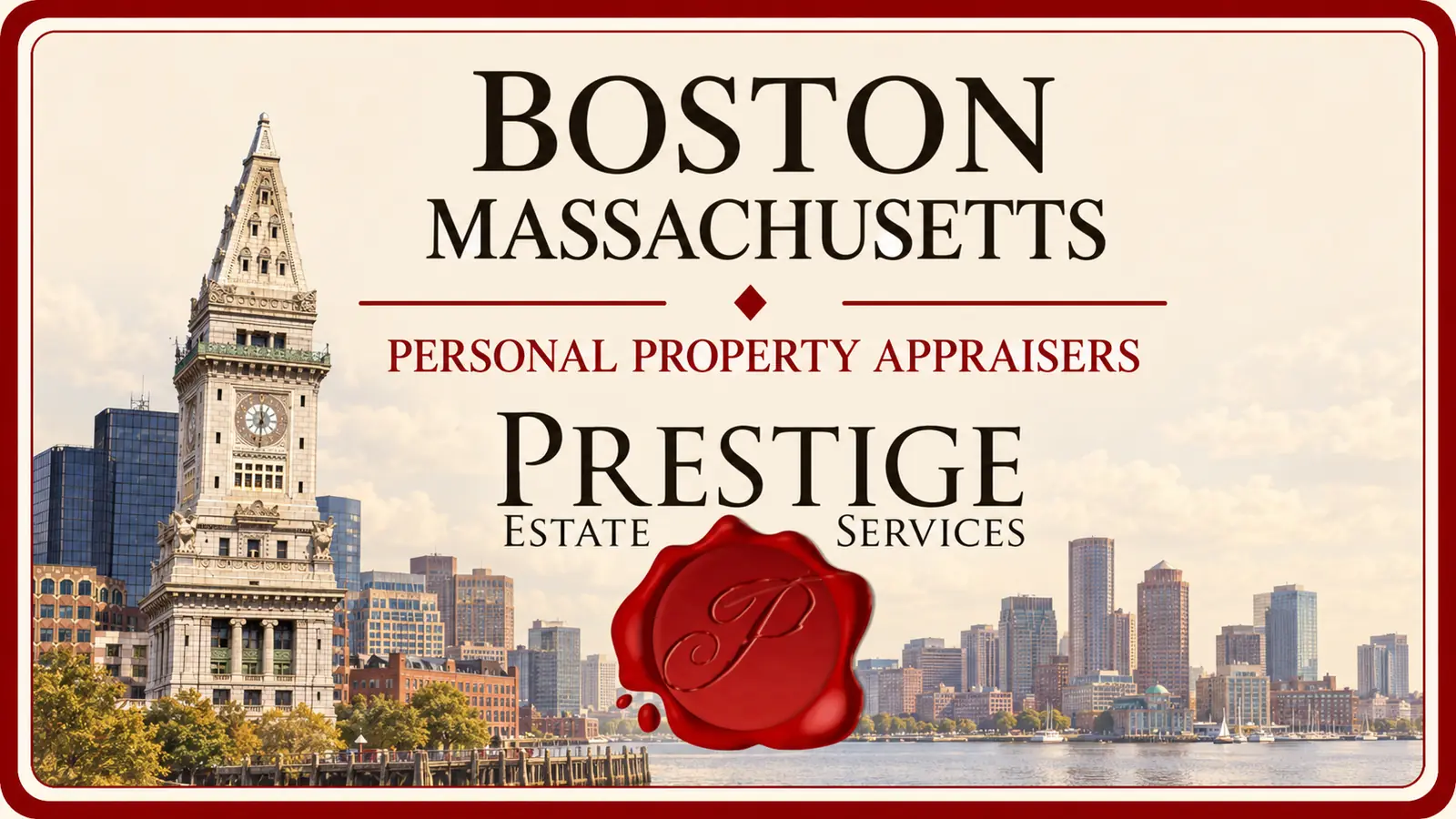 Boston, Massachusetts, personal property appraisal title card with Custom House Tower and Prestige Estate Services branding.