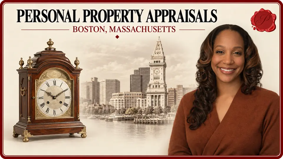 Personal property appraisal in Boston, Massachusetts, with clock, Custom House Tower and a Prestige appraiser.