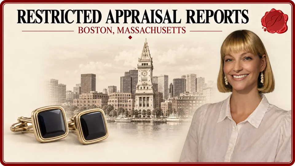 Restricted appraisal report in Boston, Massachusetts, with cufflinks, Custom House Tower and a Prestige appraiser.