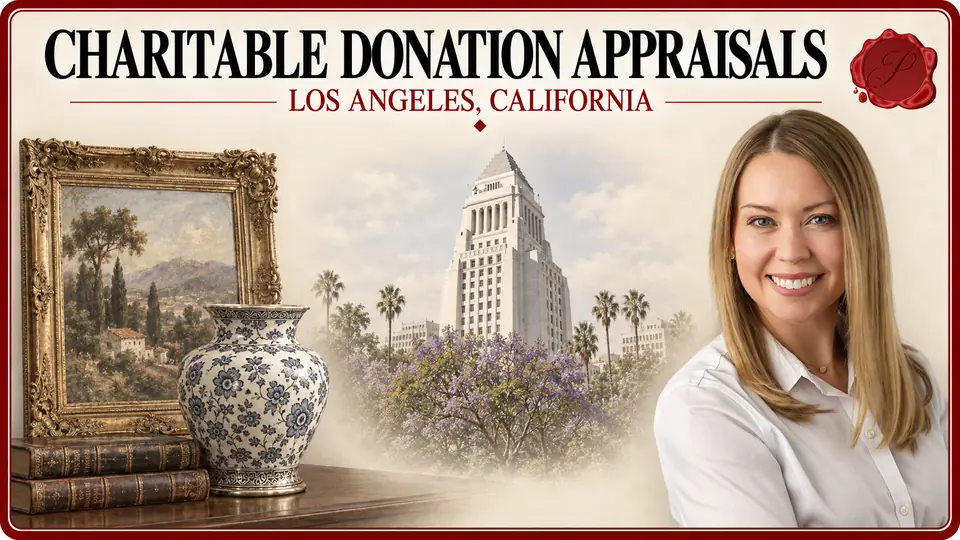 Charitable Donation Appraisals in Los Angeles, California, with an appraiser, a framed landscape and patterned vase, and Los Angeles City Hall.