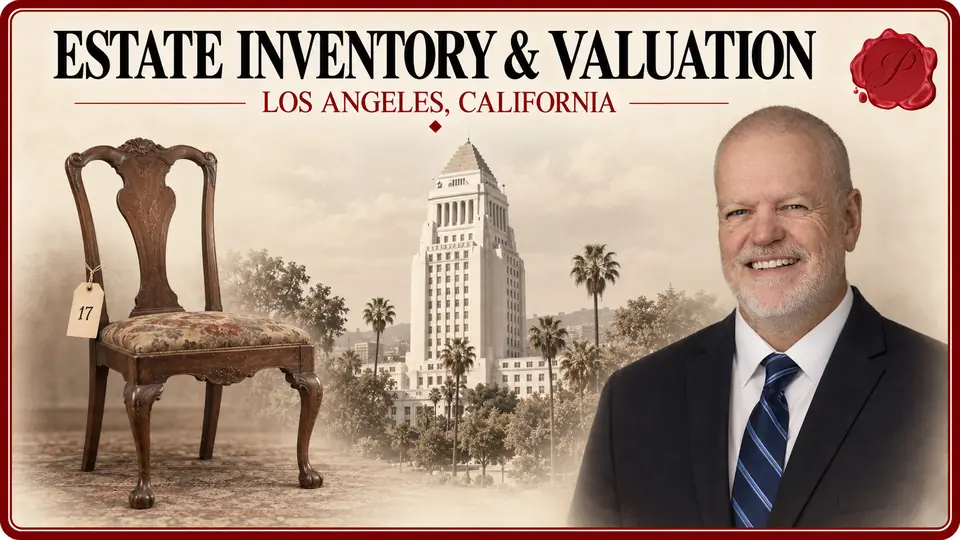 Estate Inventory & Valuation in Los Angeles, California, with an appraiser, a wooden chair with a numbered tag, and Los Angeles City Hall.