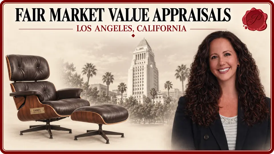 Fair Market Value Appraisals in Los Angeles, California, with an appraiser, a leather lounge chair and ottoman, and Los Angeles City Hall.