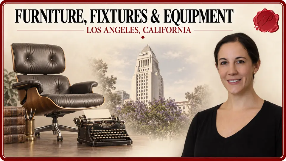 Furniture, Fixtures & Equipment in Los Angeles, California, with an appraiser, an office chair and typewriter, and Los Angeles City Hall.