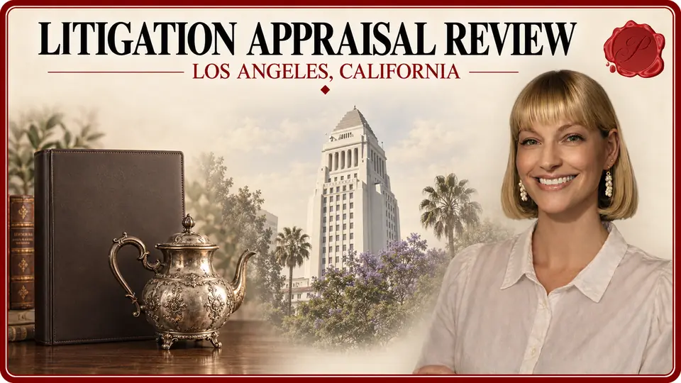 Litigation Appraisal Review in Los Angeles, California, with an appraiser, a plain folio and teapot, and Los Angeles City Hall.