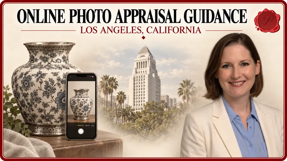 Online Photo Appraisal Guidance in Los Angeles, California, with an appraiser, a vase beside a smartphone showing the vase, and Los Angeles City Hall.