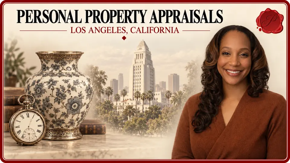 Personal Property Appraisals in Los Angeles, California, with an appraiser, a patterned vase and pocket watch, and Los Angeles City Hall.