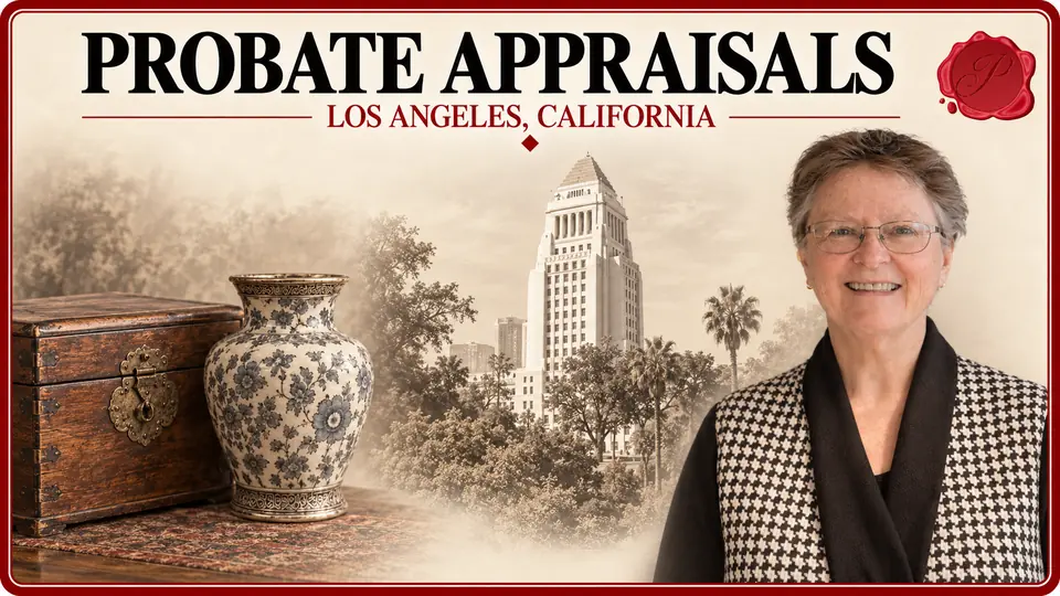 Probate Appraisals in Los Angeles, California, with an appraiser, a wooden chest and patterned vase, and Los Angeles City Hall.