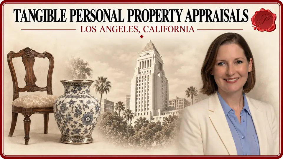 Tangible Personal Property Appraisals in Los Angeles, California, with an appraiser, a wooden chair and patterned vase, and Los Angeles City Hall.