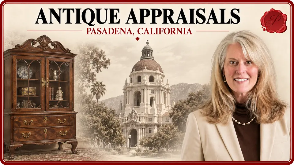 Antique Appraisals in Pasadena, California, with an appraiser, a wooden cabinet, and Pasadena City Hall.