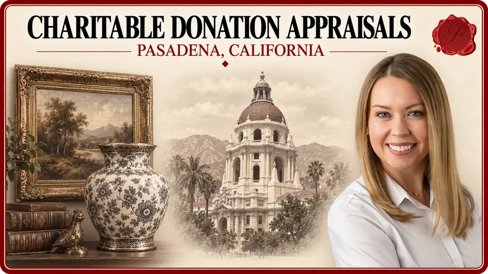 Charitable Donation Appraisals in Pasadena, California, with an appraiser, a framed landscape and patterned vase, and Pasadena City Hall.
