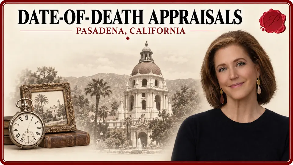 Date-of-Death Appraisals in Pasadena, California, with an appraiser, a pocket watch and framed picture, and Pasadena City Hall.