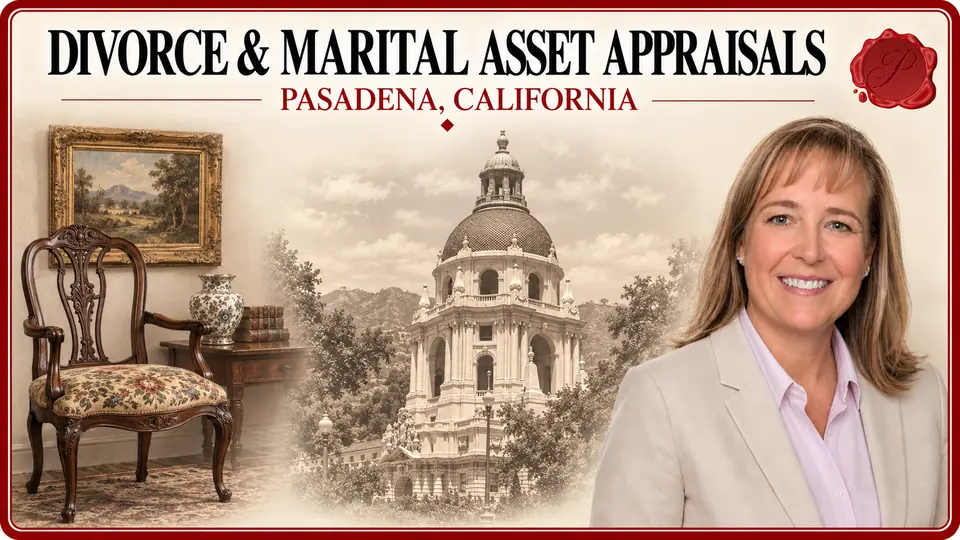 Divorce & Marital Asset Appraisals in Pasadena, California, with an appraiser, a wooden chair and framed painting, and Pasadena City Hall.