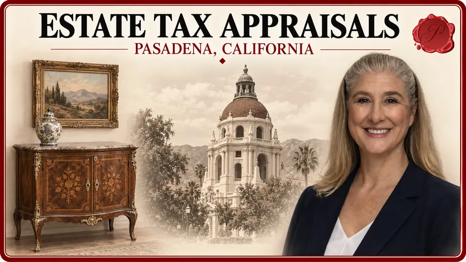 Estate Tax Appraisals in Pasadena, California, with an appraiser, a wooden cabinet and framed landscape, and Pasadena City Hall.