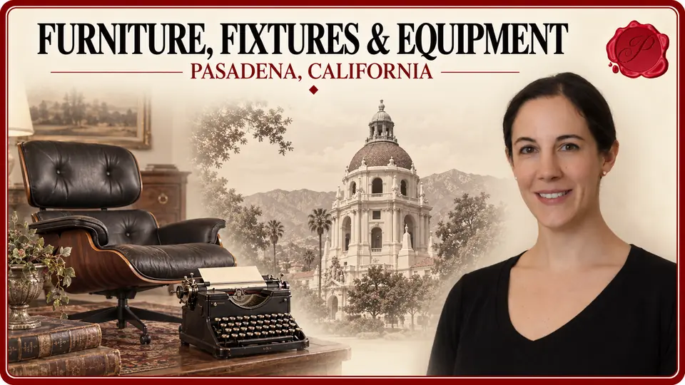 Furniture, Fixtures & Equipment in Pasadena, California, with an appraiser, an office chair and typewriter, and Pasadena City Hall.