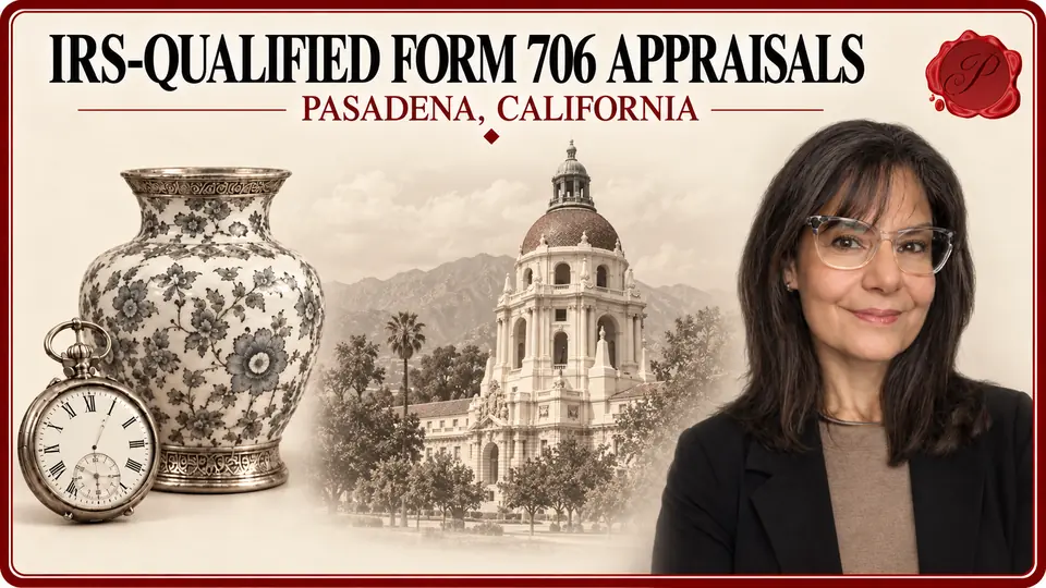 IRS-Qualified Form 706 Appraisals in Pasadena, California, with an appraiser, a pocket watch and patterned vase, and Pasadena City Hall.