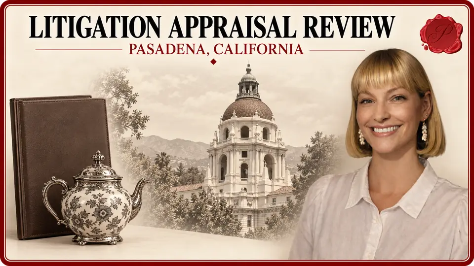 Litigation Appraisal Review in Pasadena, California, with an appraiser, a plain folio and teapot, and Pasadena City Hall.