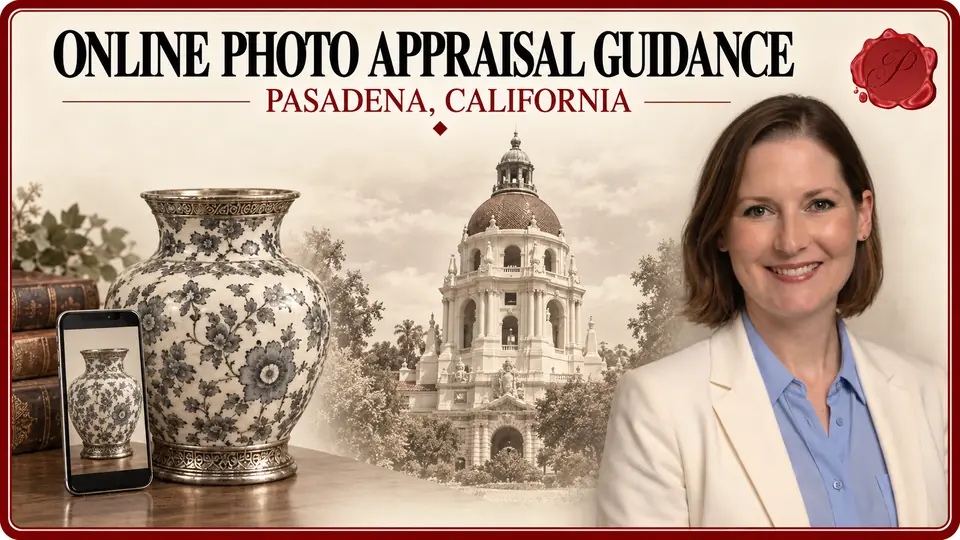 Online Photo Appraisal Guidance in Pasadena, California, with an appraiser, a vase beside a smartphone showing the vase, and Pasadena City Hall.