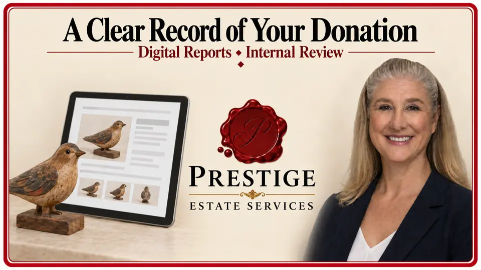 Carved wooden bird beside a tablet with a matching item image in a sample appraisal report layout.