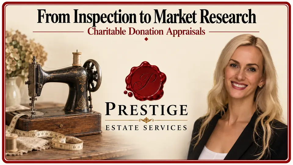 Vintage sewing machine and measuring tape illustrating donation appraisal inspection and research.