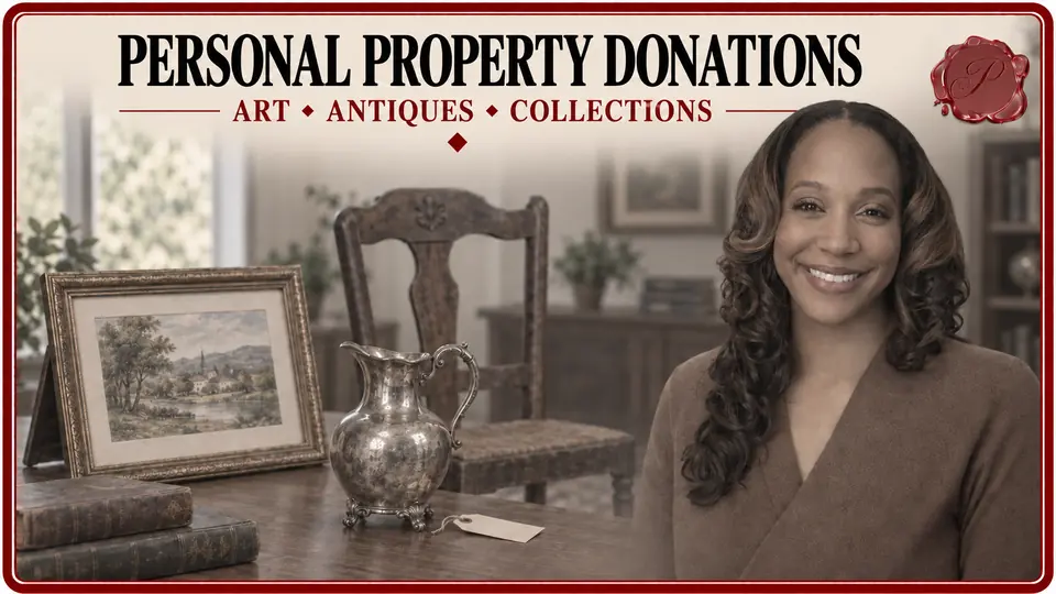 Appraiser beside framed artwork, an antique chair and silver pitcher for personal property donation appraisals.