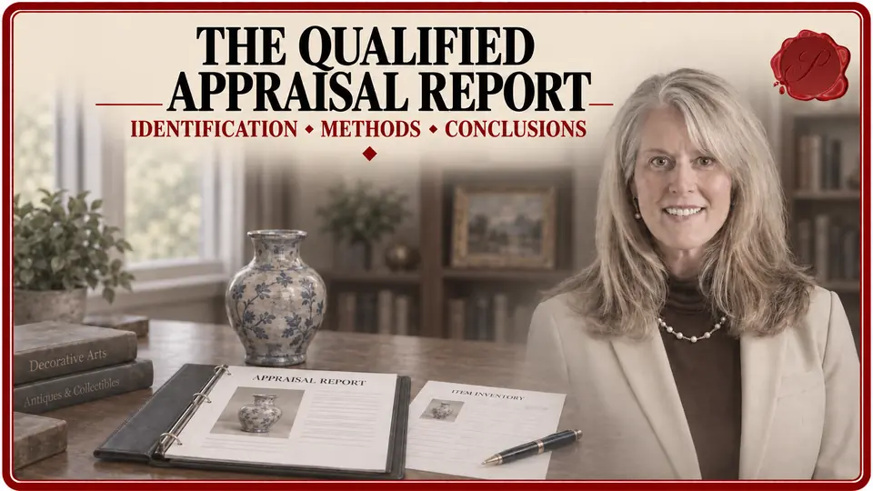 Appraiser beside a qualified donation appraisal report, ceramic vase and matching item inventory.