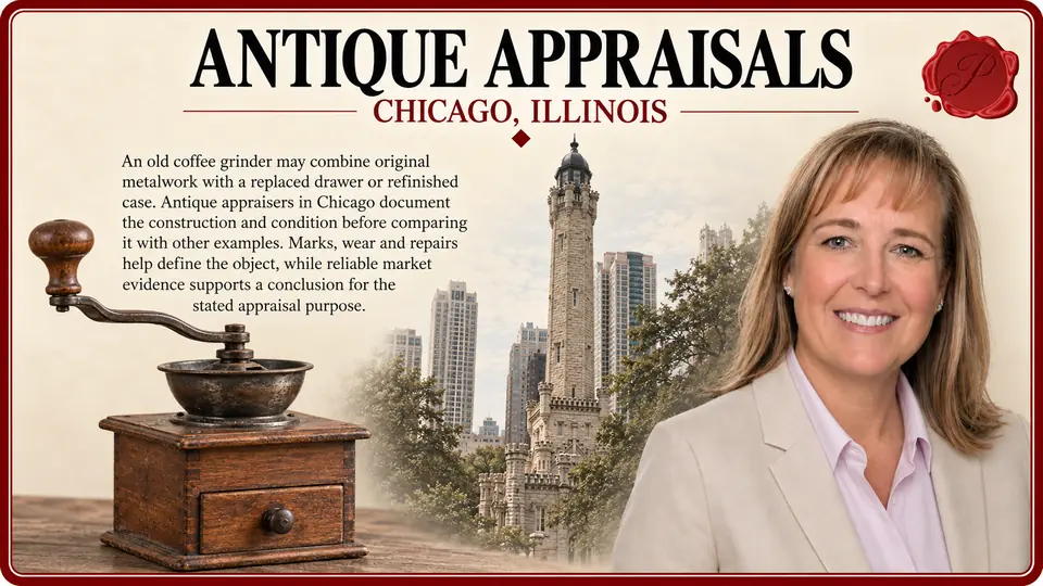 Antique appraisals in Chicago, Illinois: one antique hand-cranked coffee grinder with a wooden drawer with Chicago Water Tower and an appraiser.