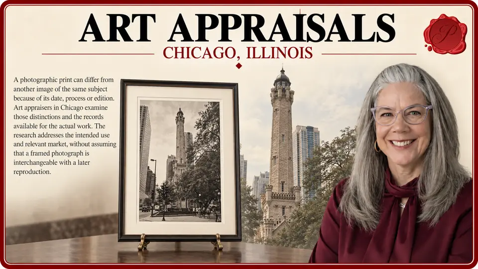 Art appraisals in Chicago, Illinois: one framed black-and-white photographic print with no readable signature with Chicago Water Tower and an appraiser.