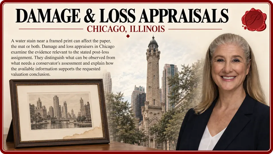 Damage & loss appraisals in Chicago, Illinois: one framed paper print with a visible water stain along the lower mat with Chicago Water Tower and an appraiser.
