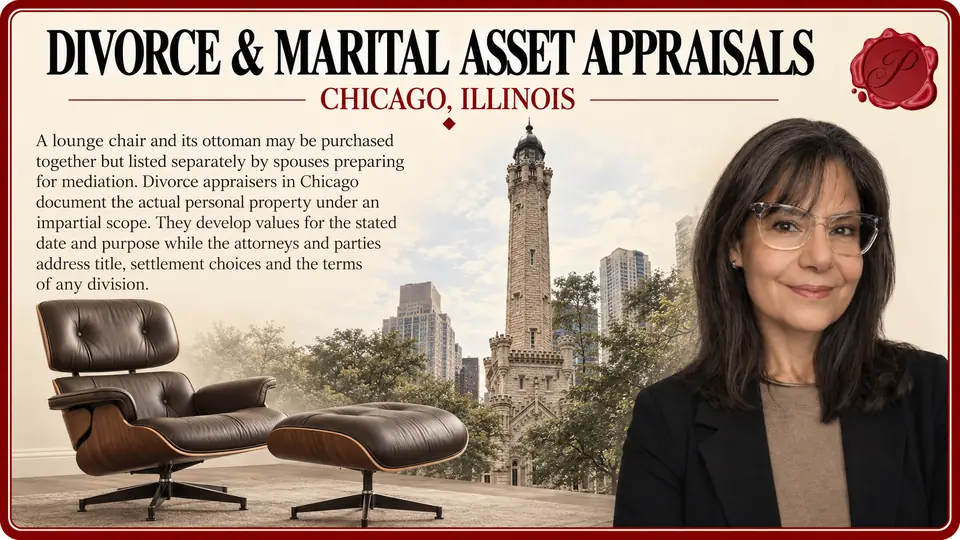 Divorce & marital asset appraisals in Chicago, Illinois: one modern leather lounge chair with matching ottoman with Chicago Water Tower and an appraiser.