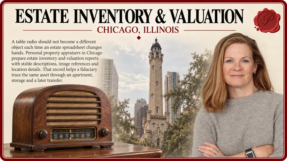 Estate inventory & valuation in Chicago, Illinois: one vintage table radio with a rounded wooden cabinet with Chicago Water Tower and an appraiser.