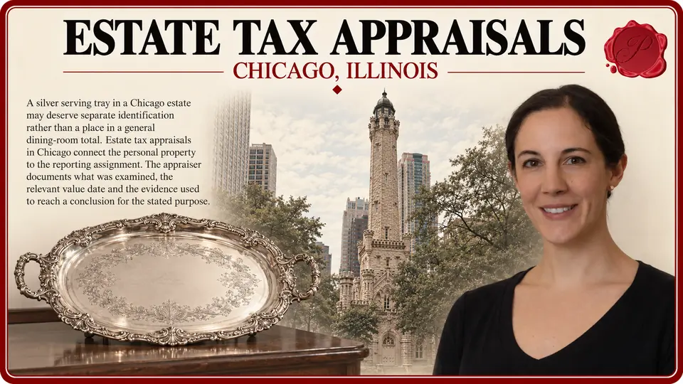 Estate tax appraisals in Chicago, Illinois: one antique sterling silver serving tray with two handles with Chicago Water Tower and an appraiser.