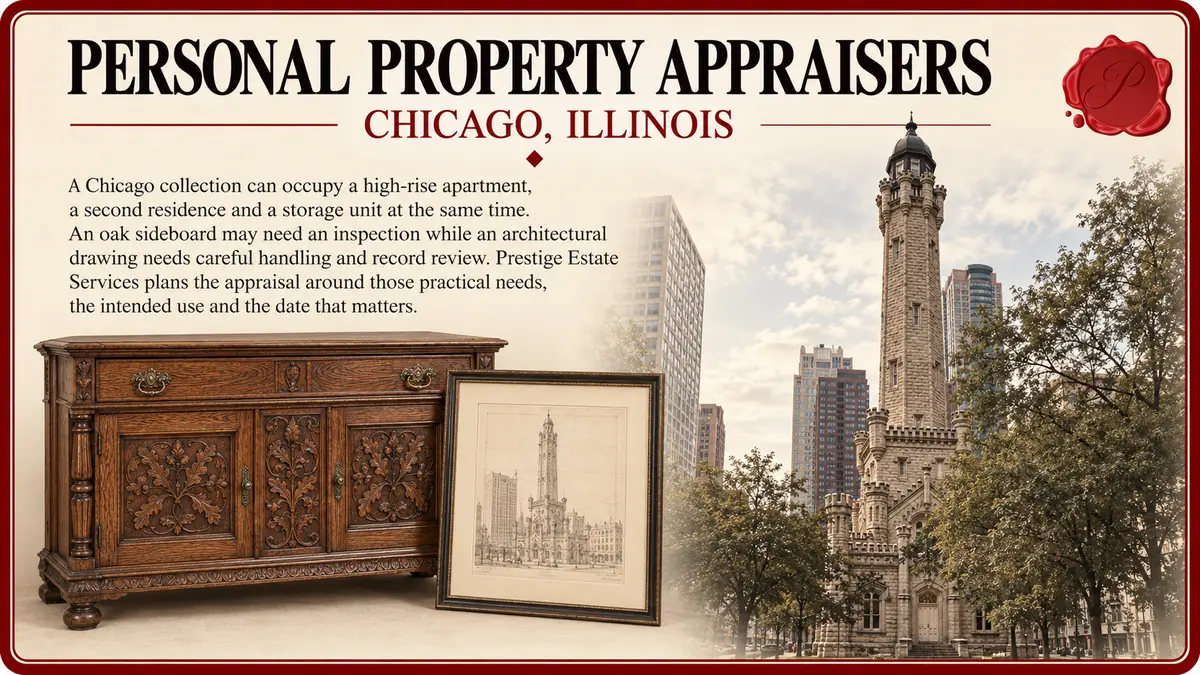 Personal property appraisers in Chicago, Illinois: one carved oak sideboard and one framed vintage architectural drawing with Chicago Water Tower.