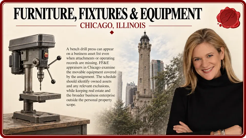 Furniture, fixtures & equipment in Chicago, Illinois: one freestanding commercial bench drill press with Chicago Water Tower and an appraiser.