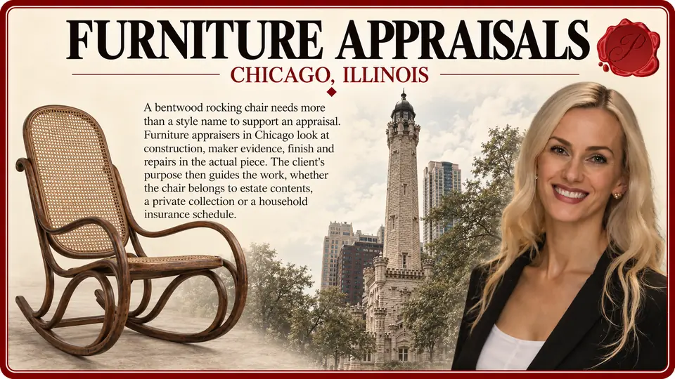Furniture appraisals in Chicago, Illinois: one vintage bentwood rocking chair with Chicago Water Tower and an appraiser.