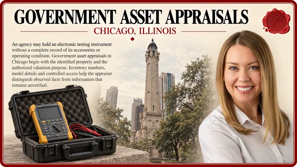 Government asset appraisals in Chicago, Illinois: one professional portable electronic testing instrument in a rugged carrying case with Chicago Water Tower and an appraiser.
