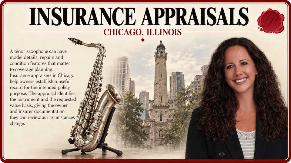 Insurance appraisals in Chicago, Illinois: one silver tenor saxophone with mouthpiece and keywork intact with Chicago Water Tower and an appraiser.