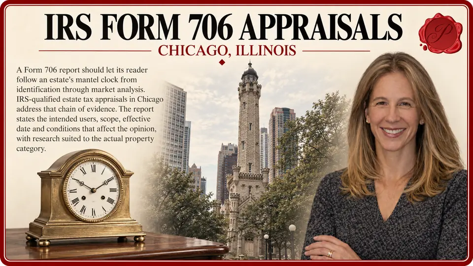 Irs form 706 appraisals in Chicago, Illinois: one antique mantel clock with simple gilt case and a clear round dial with Chicago Water Tower and an appraiser.