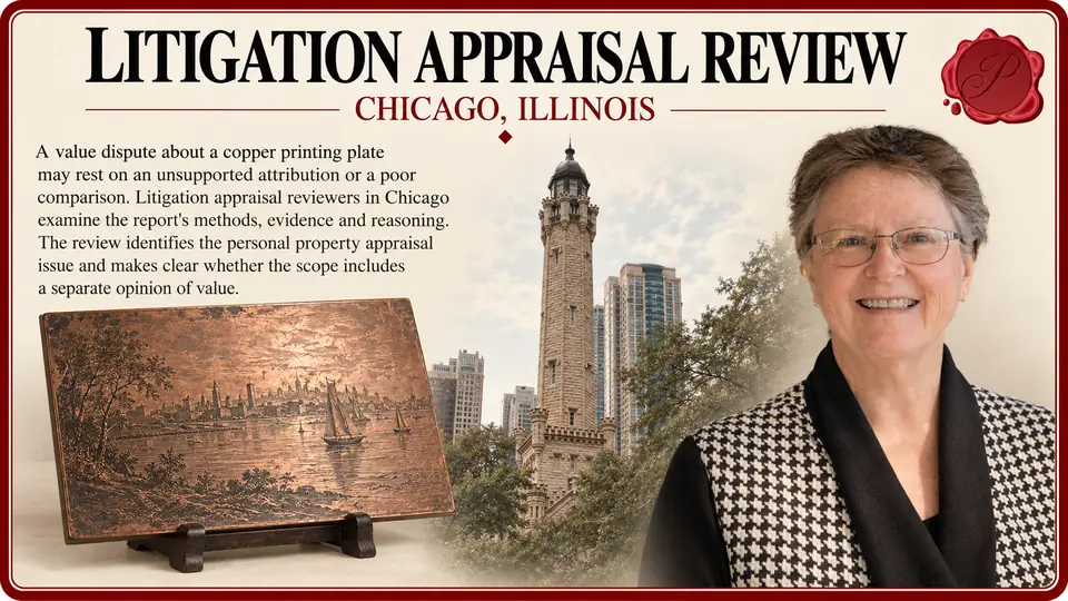 Litigation appraisal review in Chicago, Illinois: one antique copper printing plate with visible engraved lines but no readable text with Chicago Water Tower and an appraiser.