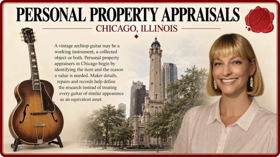 Personal property appraisals in Chicago, Illinois: one vintage archtop acoustic guitar on a minimal floor stand with Chicago Water Tower and an appraiser.