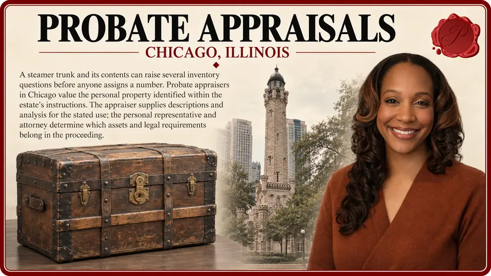 Probate appraisals in Chicago, Illinois: one antique carved wooden steamer trunk with Chicago Water Tower and an appraiser.