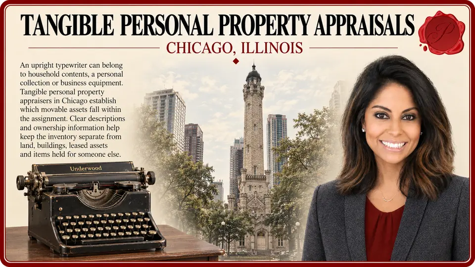 Tangible personal property appraisals in Chicago, Illinois: one vintage upright typewriter with exposed round keys with Chicago Water Tower and an appraiser.