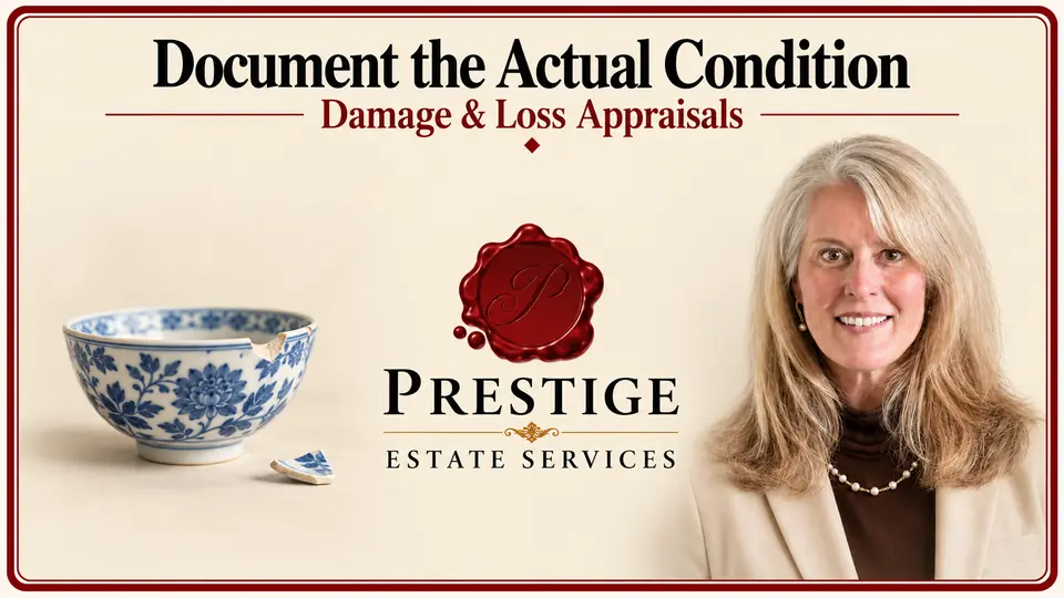 Damage and loss appraisal illustrated by a porcelain bowl with a small rim chip and matching fragment, an appraiser and the Prestige logo.