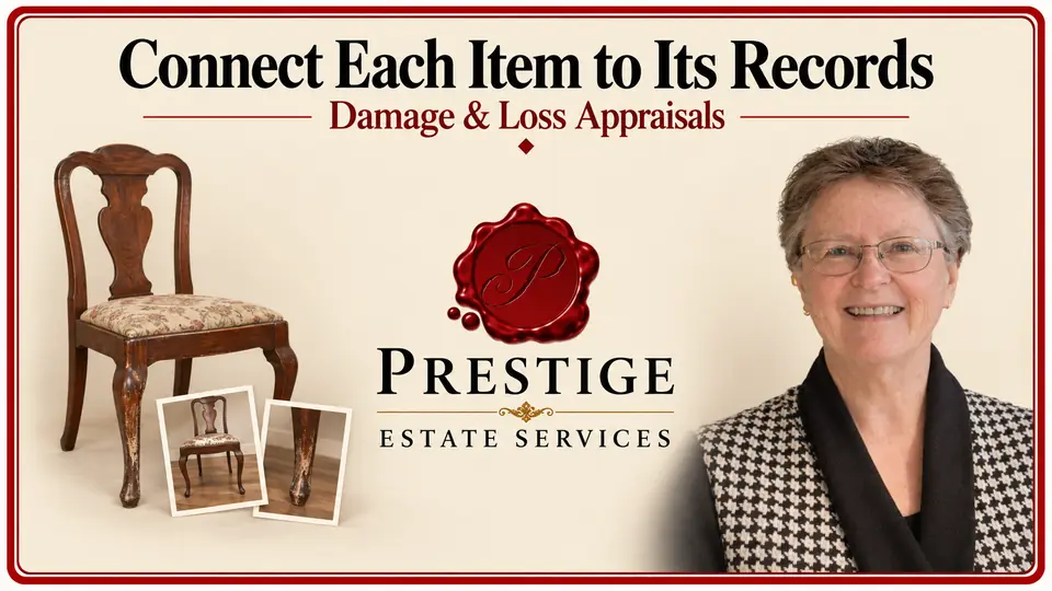 Damage and loss appraisal illustrated by an antique chair and matching condition photographs, an appraiser and the Prestige logo.