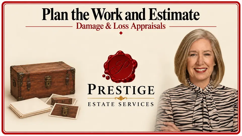 Damage and loss appraisal illustrated by a cedar trunk and supporting item records, an appraiser and the Prestige logo.