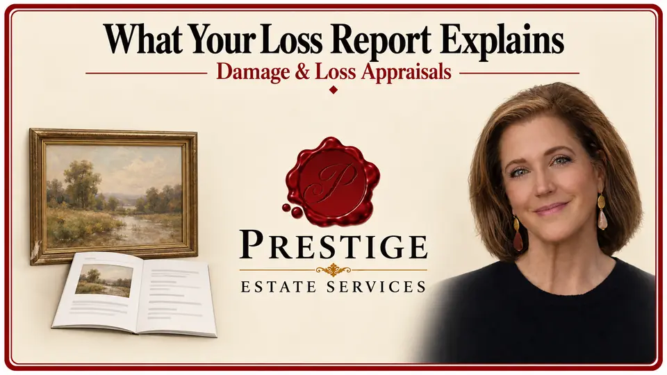 Damage and loss appraisal illustrated by framed artwork and a matching appraisal report photograph, an appraiser and the Prestige logo.