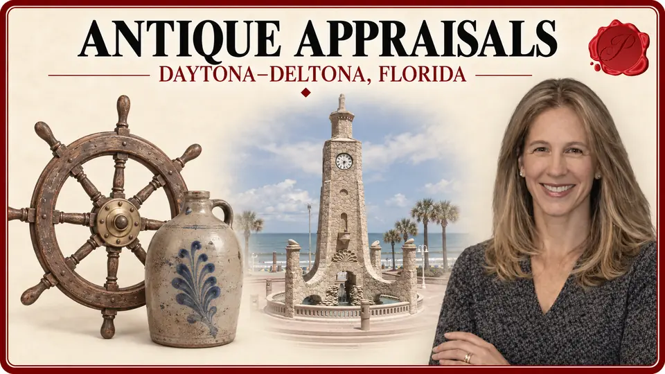Daytona–Deltona, Florida appraisal card with an antique ship wheel and stoneware jug, the Daytona Beach Clock Tower, and an appraiser portrait.